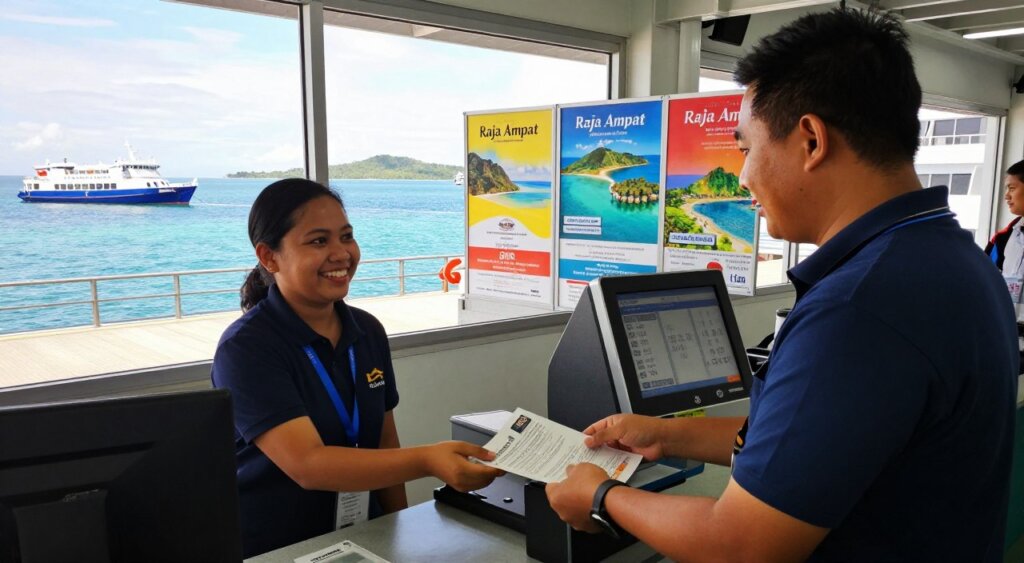 A professional photographer captures the efficient ticket booking process for ferry travel from Sorong to Raja Ampat. In the foreground, a customer in smart casual attire interacts with a friendly ticket agent at a bustling ferry terminal, both smiling amidst the transaction. In the middle ground, there are several colorful posters promoting Raja Ampat's stunning islands, alongside a digital kiosk displaying available ferry times and fares. The background features a panoramic window revealing the turquoise waters of the harbor, with ferries anchored and ready for departure. Natural light streams in through the window, creating a warm and inviting atmosphere. The composition uses a slightly tilted angle to add dynamism, conveying a sense of movement and excitement about the journey. Emphasize clarity, detail, and a vibrant color palette akin to high-quality photojournalism.