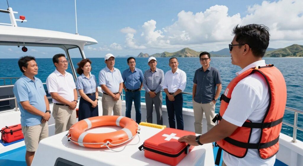 A professional photojournalism-style image capturing safety tips for traveling by sea from Lombok to Komodo Island. In the foreground, a well-dressed boat captain, wearing a life jacket, checks safety equipment on a sleek, modern boat. The middle layer features a group of diverse travelers in professional casual attire, attentively listening to the captain's instructions, surrounded by safety gear like life rings and first aid kits. In the background, the vibrant blue waters of the sea stretch out towards the horizon, dotted with nearby islands under a bright blue sky with fluffy white clouds. The scene is well-lit, capturing the warmth of a sunny day, with a slightly angled view that emphasizes the boat and the engaged travelers, evoking a sense of adventure while prioritizing safety. A professional photojournalism-style image capturing safety tips for traveling by sea from Lombok to Komodo Island. In the foreground, a well-dressed boat captain, wearing a life jacket, checks safety equipment on a sleek, modern boat. The middle layer features a group of diverse travelers in professional casual attire, attentively listening to the captain's instructions, surrounded by safety gear like life rings and first aid kits. In the background, the vibrant blue waters of the sea stretch out towards the horizon, dotted with nearby islands under a bright blue sky with fluffy white clouds. The scene is well-lit, capturing the warmth of a sunny day, with a slightly angled view that emphasizes the boat and the engaged travelers, evoking a sense of adventure while prioritizing safety.