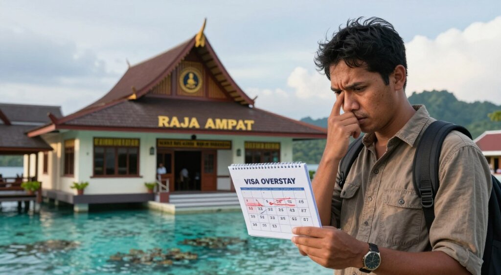 A professional, photojournalism-style image capturing the concept of visa overstay penalties in Indonesia, specifically depicting Raja Ampat. In the foreground, include a concerned traveler, dressed in casual yet respectful clothing, looking at a calendar marked with an expired visa. The middle ground features an official government building or immigration office in Raja Ampat, with its architectural details reflecting local style. The background showcases the stunning natural beauty of Raja Ampat's islands, with turquoise waters and vibrant coral reefs, enhancing the setting. The scene is illuminated with soft, natural lighting, suggesting a late afternoon atmosphere, and shot at a slight angle to create depth. The mood conveys a mix of urgency and contemplation, emphasizing the importance of adhering to visa regulations.