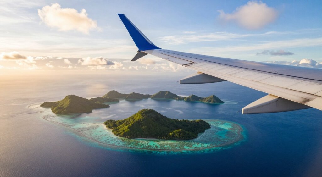 A professional photojournalism-style image depicting the journey from Denpasar to Raja Ampat, focusing on an aircraft in-flight over the beautiful Indonesian archipelago. In the foreground, a sleek airplane wings cut through the bright sky, with clouds reflecting the warm sunlight. In the middle, the vibrant blue waters of the sea stretch out below, dotted with lush, green islands and coral reefs, showcasing the breathtaking landscape. The background features a distant horizon where the sun sets, casting a golden hue over the water, adding a warm, serene atmosphere. Capture the mood of adventure and exploration, emphasizing the beauty and allure of traveling to this remote paradise. Use natural lighting to enhance the vibrant colors and textures, simulating a wide-angle lens perspective for depth and immersion.
