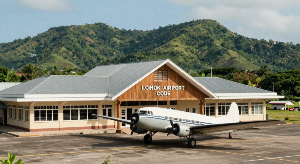 A professional, photojournalism-style image illustrating the historical development of Lombok Airport's code. In the foreground, display a vintage aircraft from the early days of aviation, carefully parked on a runway, reminiscent of Lombok's aviation history. In the middle ground, an old-fashioned airport terminal with distinct architectural elements reflecting the style of the past, such as wooden panels and large windows, should be visible. The background features lush green hills of Lombok island under a bright blue sky, symbolizing the location. Use natural lighting to enhance the historical atmosphere, with an emphasis on soft shadows and warm tones. Aim for a slightly elevated angle to capture the entire scene cohesively, evoking a sense of nostalgia and rich history connected to air travel.