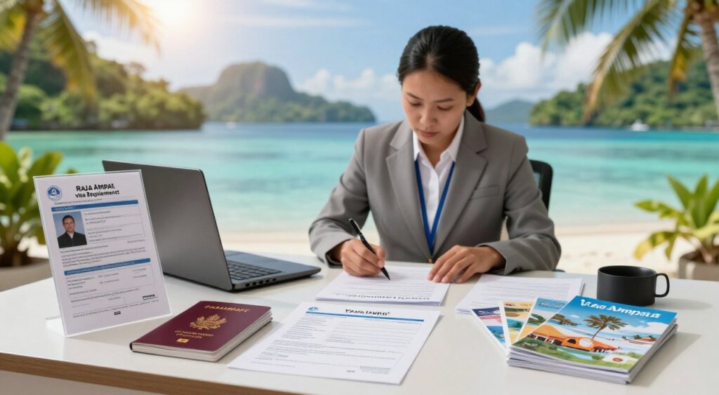 A professional, photojournalism-style image showcasing the essential elements of Raja Ampat visa requirements. In the foreground, a well-organized display of travel documents including a passport, visa application forms, and travel brochures. In the middle ground, a professional individual dressed in modest business attire, focused on organizing these documents at a sleek desk surrounded by a tropical ambiance, symbolizing the beauty of Raja Ampat. The background features a tranquil ocean setting with lush green islands, under a bright, sunny sky that conveys a sense of adventure and exploration. Soft, natural lighting enhances the scene, giving a warm and inviting atmosphere. Use a wide-angle lens to capture the inviting details and a deep focus for clarity.