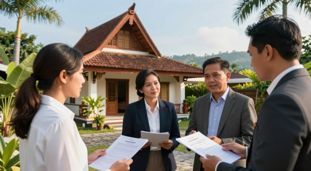 A professional scene illustrating the legal process of buying property in Lombok for foreigners. In the foreground, a diverse group of three individuals—two men and one woman—dressed in professional business attire, are engaged in conversation while reviewing property documents. The middle ground features a traditional Lombok property, showcasing its unique architectural style, with lush tropical plants surrounding it. In the background, a clear blue sky and distant hills create a serene atmosphere. The lighting is warm and natural, suggesting a sunny day, enhancing the inviting mood of the scene. The shot is taken from a slightly elevated angle, focusing on the interaction and landscape, conveying a sense of professionalism and tranquility in the real estate process.