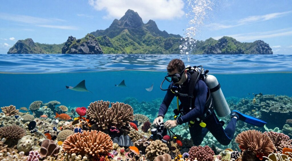 A professional scuba diver in a sleek wetsuit performs safety checks on gear, set against the breathtaking underwater landscape of Raja Ampat. In the foreground, the diver examines an oxygen tank while surrounded by vibrant coral reefs and diverse marine life, showcasing the rich biodiversity of the region. The middle ground features gentle ripples of clear blue water, with rays of sunlight filtering through, creating a serene yet adventurous atmosphere. In the background, volcanic islands rise majestically from the sea, shrouded in lush greenery, capturing the essence of Raja Ampat. The image should convey a sense of caution and preparedness, with crisp, natural lighting, shot with a wide-angle lens to emphasize both the diver and the stunning underwater scenery. A professional scuba diver in a sleek wetsuit performs safety checks on gear, set against the breathtaking underwater landscape of Raja Ampat. In the foreground, the diver examines an oxygen tank while surrounded by vibrant coral reefs and diverse marine life, showcasing the rich biodiversity of the region. The middle ground features gentle ripples of clear blue water, with rays of sunlight filtering through, creating a serene yet adventurous atmosphere. In the background, volcanic islands rise majestically from the sea, shrouded in lush greenery, capturing the essence of Raja Ampat. The image should convey a sense of caution and preparedness, with crisp, natural lighting, shot with a wide-angle lens to emphasize both the diver and the stunning underwater scenery.