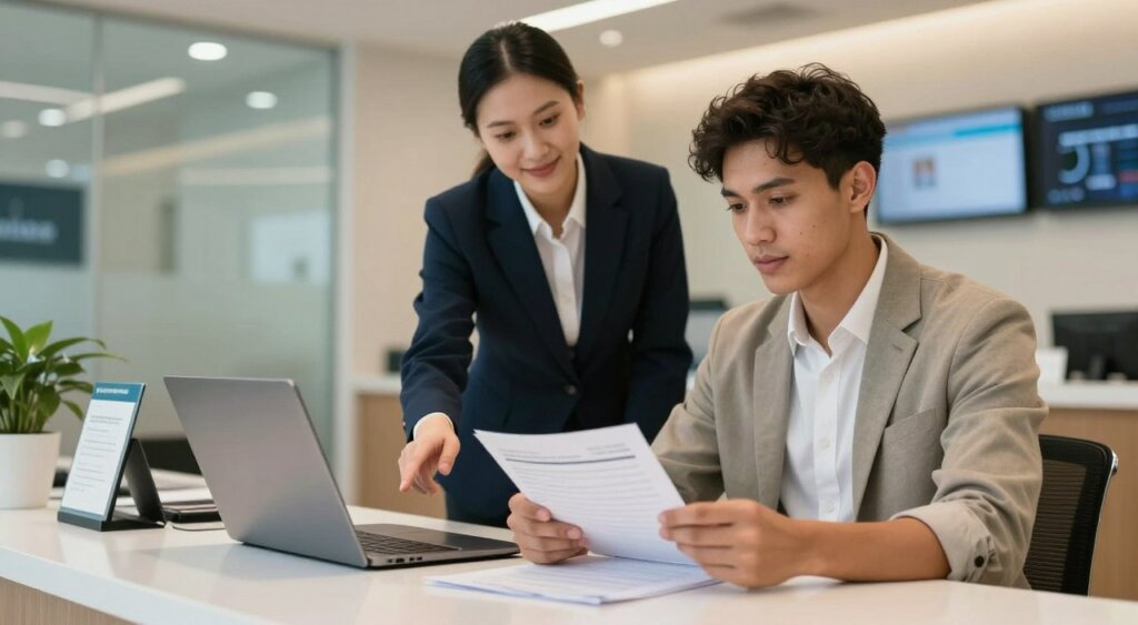 A professional setting depicting a foreigner opening a bank account inside a modern bank. In the foreground, a diverse individual, dressed in smart casual attire, is seated at a sleek desk, looking through documents with an expression of concentration. In the middle ground, a bank representative in formal business attire gestures towards a laptop and paperwork, both appearing friendly and informative. The background features contemporary bank decor, such as glass walls and digital signage, with soft lighting creating a welcoming atmosphere. The scene captures the essence of professionalism and trust, reflecting a busy yet organized environment. Use a standard 50mm lens for a natural perspective, with warm lighting to emphasize positivity and comfort.