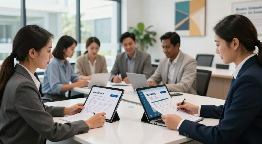 A professional setting depicting cross-border banking options in Australia, featuring a diverse group of international clients interacting with friendly bank representatives in a modern bank interior. In the foreground, a well-dressed woman in business attire examines documents with a bank officer at a sleek, polished desk. In the middle, clients of varied ethnic backgrounds are engaged in discussions, showcasing their bank accounts on tablets and engaging in video calls with international advisors. The background displays a contemporary bank environment with large windows letting in bright, natural light, lush indoor plants, and modern art on the walls. Capture the atmosphere of professionalism, trust, and global partnership in banking, with a focus on clarity and realism, akin to high-quality photojournalism.