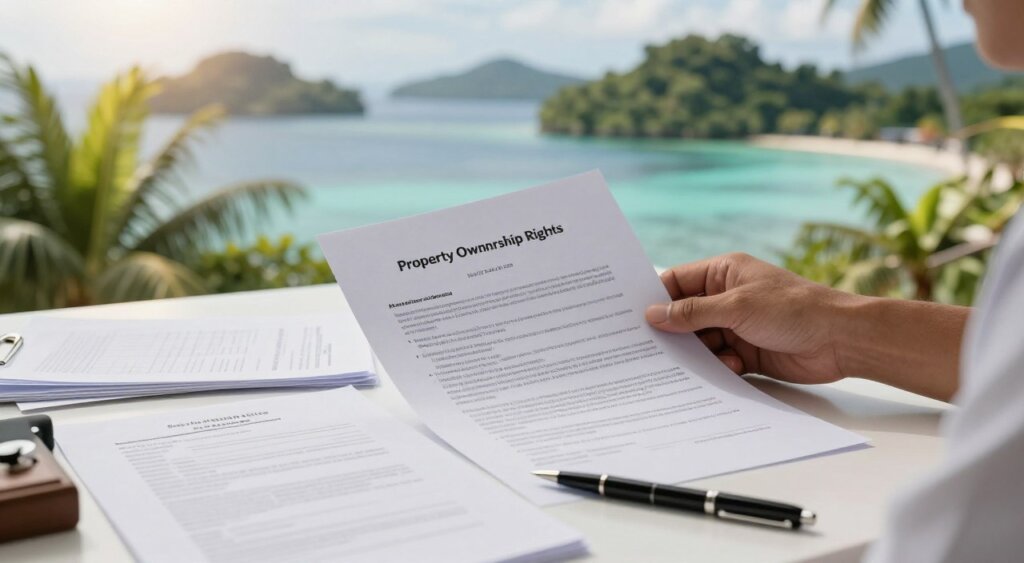 A professional setting showcasing legal documents related to property ownership in Raja Ampat, Indonesia. In the foreground, a neatly organized desk filled with various legal papers, contracts, and a pen, illuminated by soft, natural light. In the middle, a hand gently holding a document titled "Property Ownership Rights," with tropical plants subtly blurred in the background. The background features a serene landscape view of Raja Ampat’s lush islands and clear waters, captured with a wide-angle lens to emphasize the beauty of the location. The mood is focused and serious, conveying the importance of understanding property ownership in this unique region, with a warm and inviting atmosphere created by the natural lighting. No text or overlays present.