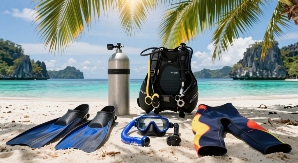 A professional still-life composition of dive equipment assembled for a safari in Raja Ampat, Indonesia. In the foreground, showcase a well-organized dive kit, including fins, a mask, a snorkel, and a wetsuit in vibrant colors. In the middle ground, feature a high-quality dive tank and regulator, glinting under bright, natural sunlight that filters softly through overhead palm leaves. The background should include a picturesque view of Raja Ampat’s turquoise waters and rocky limestone islands, creating a tranquil and adventurous atmosphere. Capture the scene with a wide-angle lens to emphasize the equipment's importance and the breathtaking surroundings, evoking a sense of excitement for diving enthusiasts. The overall mood should be inspiring and inviting, reminiscent of an unforgettable diving experience. A professional still-life composition of dive equipment assembled for a safari in Raja Ampat, Indonesia. In the foreground, showcase a well-organized dive kit, including fins, a mask, a snorkel, and a wetsuit in vibrant colors. In the middle ground, feature a high-quality dive tank and regulator, glinting under bright, natural sunlight that filters softly through overhead palm leaves. The background should include a picturesque view of Raja Ampat’s turquoise waters and rocky limestone islands, creating a tranquil and adventurous atmosphere. Capture the scene with a wide-angle lens to emphasize the equipment's importance and the breathtaking surroundings, evoking a sense of excitement for diving enthusiasts. The overall mood should be inspiring and inviting, reminiscent of an unforgettable diving experience.