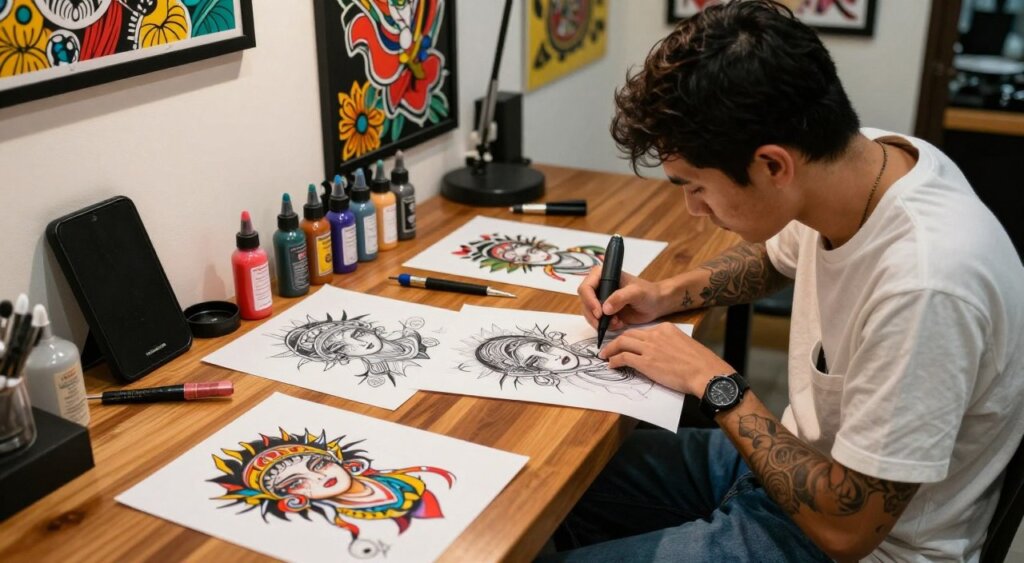 A professional tattoo artist in Seminyak presents their portfolio in a stylish, contemporary studio. In the foreground, a focused artist dressed in a clean, casual shirt and jeans, showcasing intricate tattoo designs on high-quality prints. The middle ground features a polished wooden table adorned with tattoo tools, ink bottles, and vibrant sketches demonstrating various tattoo styles, from traditional to modern. The background reveals colorful wall art and ambient lighting, creating an inviting atmosphere for potential clients. The composition is shot from a slightly elevated angle using natural lighting to highlight the details of the tattoos and the artist’s concentration, evoking a sense of professionalism and creativity in choosing the right tattoo artist.
