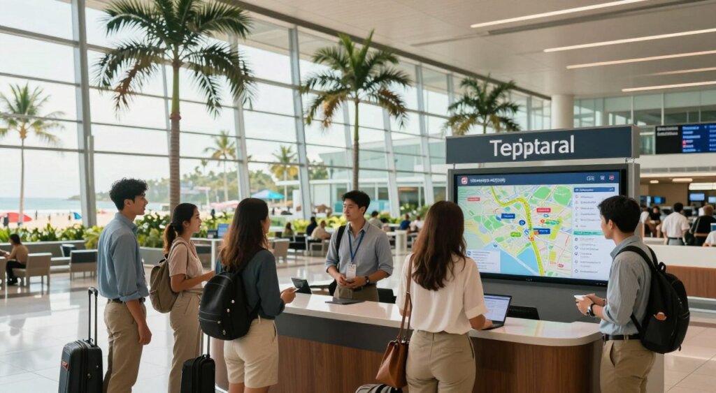 A professional travel scene depicting the journey from Denpasar Airport to Seminyak. In the foreground, a diverse group of business travelers dressed in smart casual clothing, gathered around an airport information desk with a digital map showcasing travel tips. In the middle ground, a spacious, modern airport terminal filled with light streaming through large glass windows, palm trees subtly integrated into the design. In the background, glimpses of tropical landscapes hinting at Seminyak, including a sandy beach and vibrant surf culture. The image is well-lit with natural sunlight, capturing a warm, welcoming atmosphere. The angle is slightly elevated, providing a comprehensive view while conveying a sense of ease and exploration, ideal for a travel guide setting.