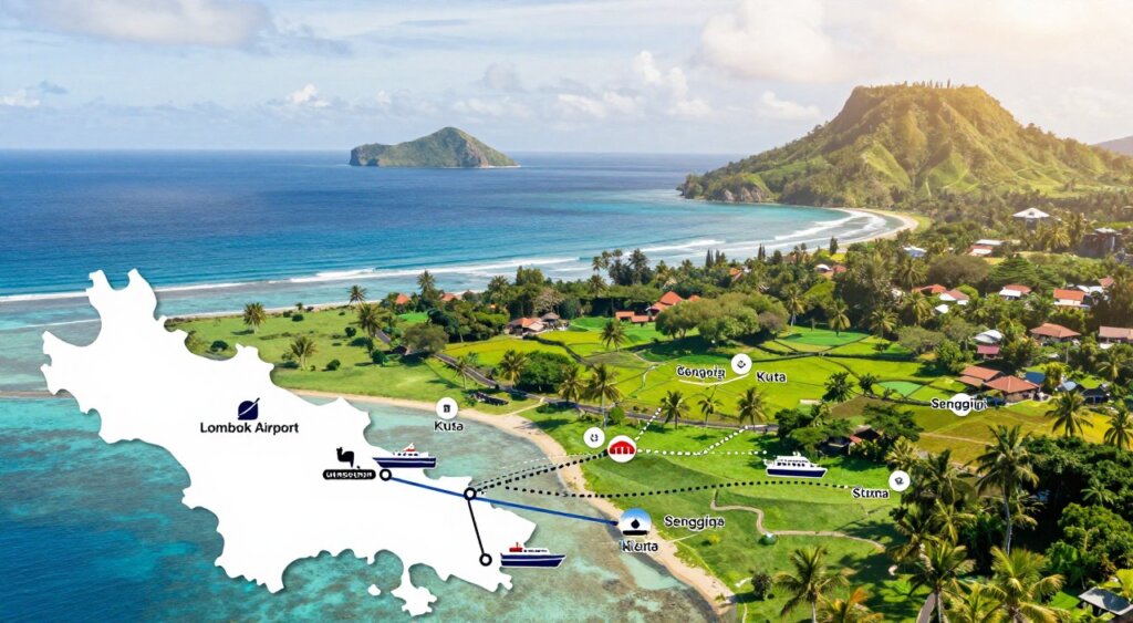 A realistic and detailed map of Lombok airport and ferry transport routes, showcasing essential transportation links for travelers. In the foreground, include an outline of Lombok Airport, marked clearly, with illustrated ferry icons and dotted lines representing ferry routes connecting to nearby islands. In the middle ground, depict major cities and surf spots like Kuta and Senggigi, marked with icons, surrounded by lush green landscapes. In the background, present a serene ocean view, with gentle waves and distant islands to convey a tropical atmosphere. Use natural lighting to enhance the vibrant colors of the island, creating a warm, inviting mood. The map should have a professional, clean design without any textual elements, perfect for illustrating this travel guide section. A realistic and detailed map of Lombok airport and ferry transport routes, showcasing essential transportation links for travelers. In the foreground, include an outline of Lombok Airport, marked clearly, with illustrated ferry icons and dotted lines representing ferry routes connecting to nearby islands. In the middle ground, depict major cities and surf spots like Kuta and Senggigi, marked with icons, surrounded by lush green landscapes. In the background, present a serene ocean view, with gentle waves and distant islands to convey a tropical atmosphere. Use natural lighting to enhance the vibrant colors of the island, creating a warm, inviting mood. The map should have a professional, clean design without any textual elements, perfect for illustrating this travel guide section.