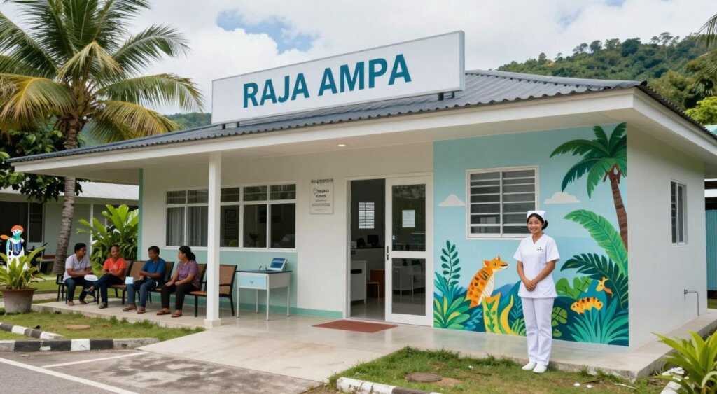 A realistic, educational scene of healthcare facilities in Raja Ampat, showcasing a small, modern clinic with a clean, inviting exterior. In the foreground, a nurse dressed in modest scrubs stands by a colorful mural depicting local wildlife, symbolizing community health efforts. The middle ground features patients waiting in a shaded outdoor area, with tropical trees providing greenery and enhancing the calm atmosphere. The background displays the clinic's sign against a backdrop of blue skies and lush hills. Soft, natural lighting enhances the friendly environment, captured from a slightly elevated angle to provide a comprehensive view. The mood is hopeful, illustrating the importance of local health infrastructure in combating malaria risks while celebrating the beauty of Raja Ampat. A realistic, educational scene of healthcare facilities in Raja Ampat, showcasing a small, modern clinic with a clean, inviting exterior. In the foreground, a nurse dressed in modest scrubs stands by a colorful mural depicting local wildlife, symbolizing community health efforts. The middle ground features patients waiting in a shaded outdoor area, with tropical trees providing greenery and enhancing the calm atmosphere. The background displays the clinic's sign against a backdrop of blue skies and lush hills. Soft, natural lighting enhances the friendly environment, captured from a slightly elevated angle to provide a comprehensive view. The mood is hopeful, illustrating the importance of local health infrastructure in combating malaria risks while celebrating the beauty of Raja Ampat.