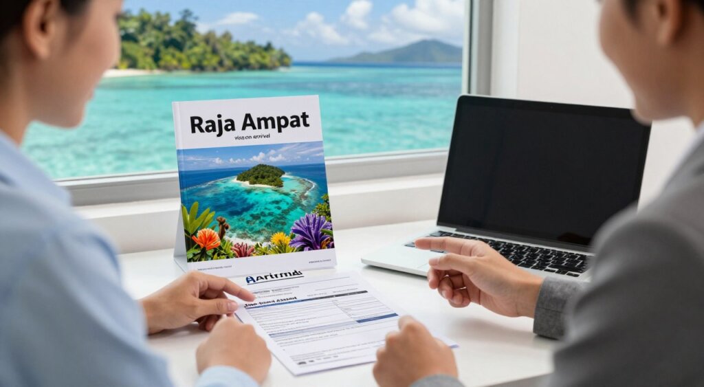 A realistic photojournalism-style image illustrating the process of obtaining a visa on arrival for Raja Ampat. In the foreground, a professional consultant, dressed in business attire, sits at a desk with visa forms and a laptop open, appearing engaged in explaining the procedure. The middle ground showcases a travel guidebook about Raja Ampat with vibrant images of its islands and marine life, symbolizing the destination's allure. In the background, a window with a stunning view of turquoise waters and lush green islands reflects the beauty of Raja Ampat, creating an inviting atmosphere. The lighting is bright and natural, giving a sense of clarity and professionalism. The scene captures an informative and hopeful mood, perfect for travelers planning their visit.