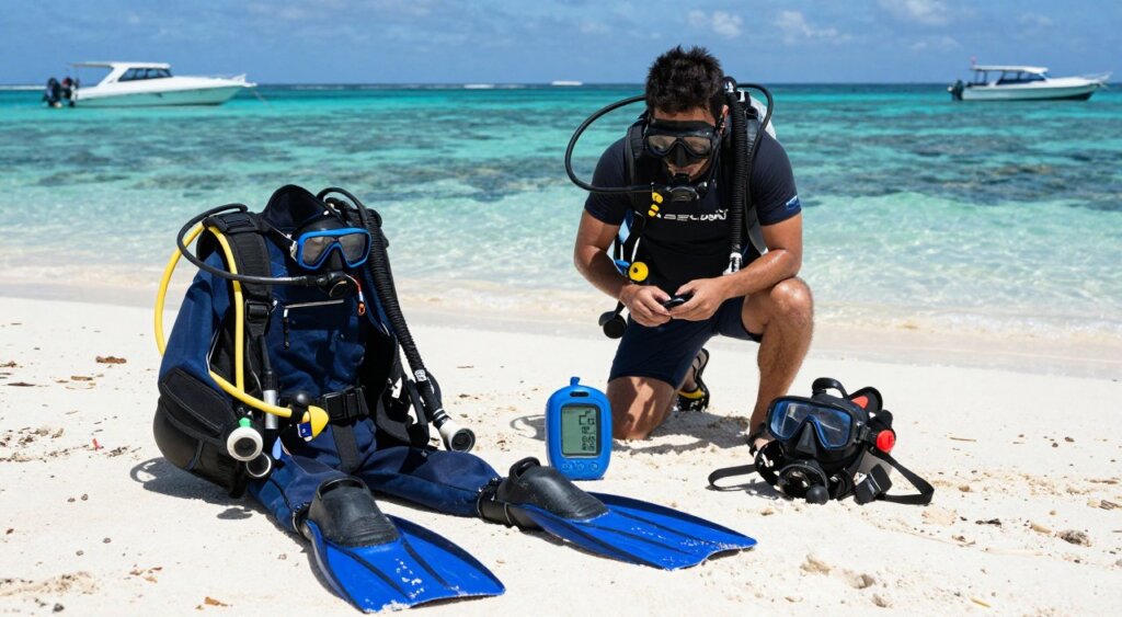 A realistic, professional photo of scuba diving safety equipment specifically designed for divers in Lombok. In the foreground, showcase well-organized scuba gear including a drysuit, fins, mask, snorkel, buoyancy control device (BCD), and dive computer on a sandy beach. The middle ground features a diver in professional attire, inspecting the equipment with a focused expression, ensuring safety protocols. In the background, depict the crystal-clear waters of Lombok, with coral reefs visible underneath the surface, and a few boats anchored nearby, all under bright, natural sunlight that creates vibrant colors and shadows. The atmosphere is calm and focused, emphasizing the importance of safety in scuba diving. A realistic, professional photo of scuba diving safety equipment specifically designed for divers in Lombok. In the foreground, showcase well-organized scuba gear including a drysuit, fins, mask, snorkel, buoyancy control device (BCD), and dive computer on a sandy beach. The middle ground features a diver in professional attire, inspecting the equipment with a focused expression, ensuring safety protocols. In the background, depict the crystal-clear waters of Lombok, with coral reefs visible underneath the surface, and a few boats anchored nearby, all under bright, natural sunlight that creates vibrant colors and shadows. The atmosphere is calm and focused, emphasizing the importance of safety in scuba diving.