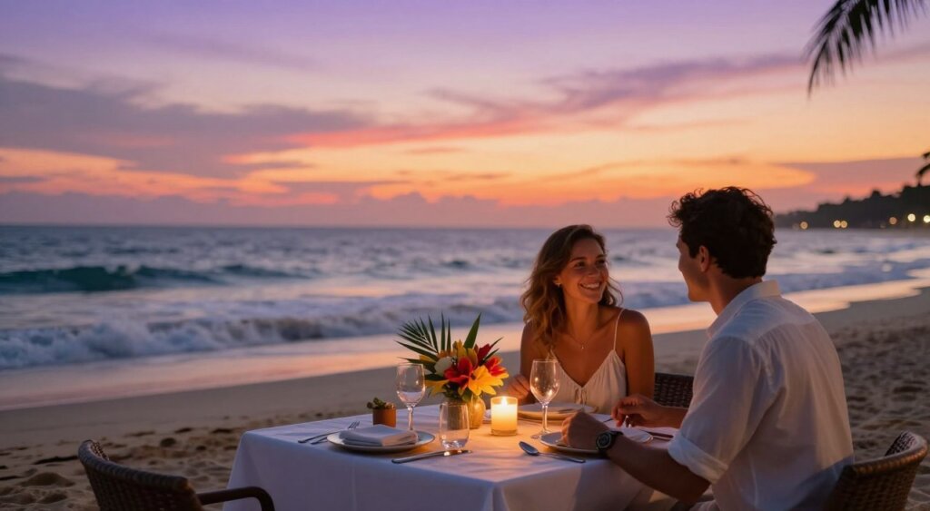 A romantic beachfront dining scene at Seminyak during sunset, featuring an elegantly set table for two on the sandy shore. In the foreground, a beautifully arranged table with fine dining tableware, soft candlelight, and tropical floral centerpieces. The middle ground showcases a couple in modest casual attire, laughing and enjoying their meal, highlighting the intimate atmosphere of the experience. In the background, the stunning colors of the sunset illuminate the sky with shades of orange, pink, and purple, while gentle waves lap the shore. The scene is captured with a shallow depth of field, emphasizing the couple and the table in crisp detail, while achieving a soft blur on the background for a dreamy ambiance. The overall mood is romantic and inviting, perfect for a memorable dining experience by the ocean.