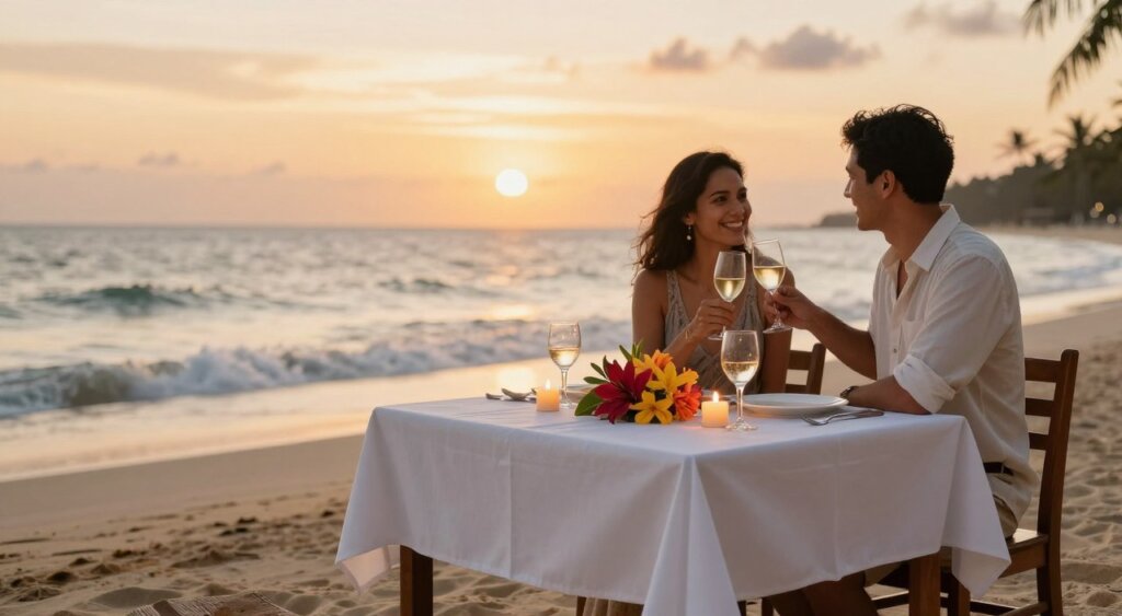 A romantic dining setup at a Sanur restaurant, featuring a beautifully arranged table for two on a sandy beach during sunset. In the foreground, a white tablecloth drapes elegantly over a rustic wooden table, adorned with delicate, flickering candlelight and vibrant tropical flowers. The middle ground showcases the couple, dressed in elegant yet casual attire, sharing a toast with sparkling glasses of wine, their expressions filled with joy and intimacy. The background reveals a picturesque ocean view, with soft waves gently lapping at the shore, and the warm, golden hues of the setting sun casting a magical glow over the scene. The lighting is soft and inviting, capturing the essence of a perfect evening. The image composition is shot at eye level, with a slight bokeh effect on the surrounding elements to emphasize the couple and their dining experience.