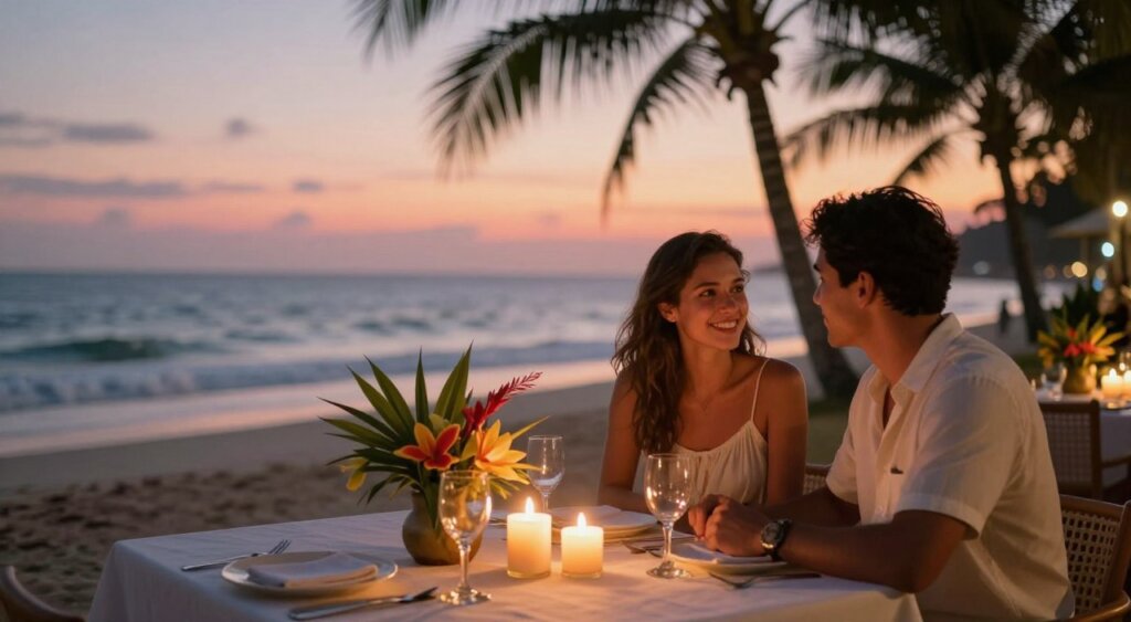 A romantic dinner setting in Seminyak featuring a couple seated at a beautifully decorated table, adorned with elegant candles and tropical flower arrangements. In the foreground, the couple, dressed in modest casual attire, is engaged in an intimate conversation, with soft smiles and warm glances. The middle ground showcases a stunning beach view, with gentle waves and a sky painted in hues of pink and orange from the sunset. The background includes lush palm trees swaying slightly in the warm evening breeze. The lighting is soft and ambient, creating a cozy atmosphere, while the lens captures a shallow depth of field to enhance the couple's connection, evoking a serene, romantic mood typical of Seminyak's enchanting dinner spots. A romantic dinner setting in Seminyak featuring a couple seated at a beautifully decorated table, adorned with elegant candles and tropical flower arrangements. In the foreground, the couple, dressed in modest casual attire, is engaged in an intimate conversation, with soft smiles and warm glances. The middle ground showcases a stunning beach view, with gentle waves and a sky painted in hues of pink and orange from the sunset. The background includes lush palm trees swaying slightly in the warm evening breeze. The lighting is soft and ambient, creating a cozy atmosphere, while the lens captures a shallow depth of field to enhance the couple's connection, evoking a serene, romantic mood typical of Seminyak's enchanting dinner spots.
