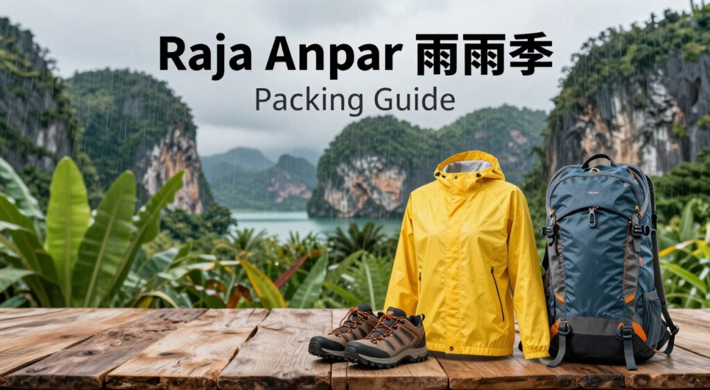 A scene showcasing travel tips for visiting Raja Ampat during the rainy season, featuring a neatly arranged packing guide on a rustic wooden surface. In the foreground, vibrant, waterproof travel gear, including a bright yellow rain jacket, sturdy hiking shoes, and a compact waterproof backpack, are artfully displayed. In the middle ground, lush tropical plants and a scenic image of Raja Ampat’s dramatic limestone cliffs create a natural frame, evoking a sense of adventure. The background features a subtle, blurred view of rain-drenched greenery and soft, diffused light filtering through clouds, suggesting a tranquil yet adventurous atmosphere. The overall mood should feel inviting and informative, with an emphasis on preparation and exploration in a stunning tropical setting.