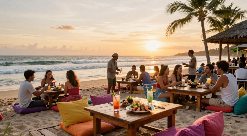 A scenic beachfront bar in Canggu, showcasing a vibrant atmosphere. In the foreground, adorned wooden tables with colorful cushions invite patrons to relax. On the tables, tropical cocktails and plates of fresh seafood are beautifully arranged. The middle ground consists of friendly staff in modest summer attire serving drinks to groups of people laughing and enjoying their meals. In the background, gentle waves lap against the shore under a stunning sunset, casting a warm golden glow over the scene. A few palm trees sway gently in a light breeze, enhancing the tropical vibe. The entire image captures a lively and joyful dining experience, with soft, natural lighting that highlights the cozy yet vibrant setting. Shot with a wide-angle lens to create depth and immerse viewers in the lively atmosphere of Canggu Beach Club.