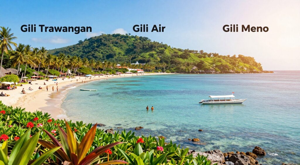 A scenic comparison of the Gili Islands—Gili Trawangan, Gili Air, and Gili Meno—captured in a travel tips infographic style. In the foreground, show vibrant tropical flora typical of the islands, with each section labeled by distinct visual themes: Gili Trawangan's bustling beach clubs, Gili Air's serene local charm, and Gili Meno's tranquil nature. In the middle ground, feature serene clear blue waters and sandy beaches with subtle details like traditional boats and swimmers in modest attire enjoying the sea. In the background, depict lush green hills and palm trees under a bright blue sky with soft, diffused sunlight creating a warm, inviting atmosphere. Use a wide-angle lens perspective to capture the expanse of the islands, emphasizing their unique characteristics without any text overlays or distractions. A scenic comparison of the Gili Islands—Gili Trawangan, Gili Air, and Gili Meno—captured in a travel tips infographic style. In the foreground, show vibrant tropical flora typical of the islands, with each section labeled by distinct visual themes: Gili Trawangan's bustling beach clubs, Gili Air's serene local charm, and Gili Meno's tranquil nature. In the middle ground, feature serene clear blue waters and sandy beaches with subtle details like traditional boats and swimmers in modest attire enjoying the sea. In the background, depict lush green hills and palm trees under a bright blue sky with soft, diffused sunlight creating a warm, inviting atmosphere. Use a wide-angle lens perspective to capture the expanse of the islands, emphasizing their unique characteristics without any text overlays or distractions.