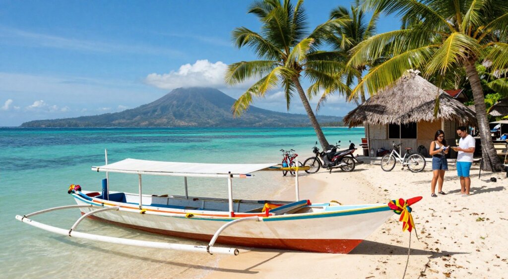A scenic image capturing the essence of transportation in Lombok and the Gili Islands, showcasing a vibrant local environment. In the foreground, a traditional wooden boat adorned with colorful fabrics is gently moored by a sandy beach. The middle ground features an array of bicycles and scooters parked near a small thatched-roof hut, with a couple of tourists in casual attire discussing their travel plans. In the background, the clear turquoise waters glisten under the bright blue sky, framed by lush green palm trees and distant volcanic mountains. The lighting is warm and inviting, creating a relaxed, tropical atmosphere. The angle is slightly elevated, giving a broad view of this picturesque setting, reminiscent of a National Geographic travel feature.