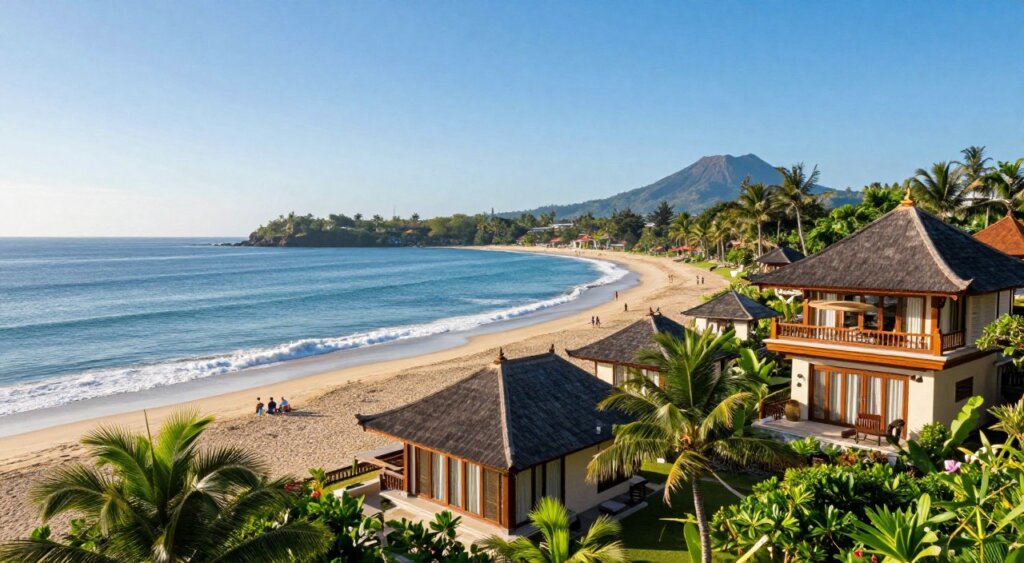 A scenic overview of Sanur, Bali, featuring luxurious villas along the serene beach. In the foreground, lush tropical gardens surround elegant villas with traditional Balinese architecture, their warm wooden accents complementing the lush greenery. In the middle ground, fine golden sands stretch along the shoreline, where gentle waves lap at the beach, reflecting the clear, cerulean sky. Beachgoers in modest casual clothing relax under palm trees, enhancing the inviting atmosphere. In the background, distant volcanic mountains rise under a clear blue sky, adding depth to the composition. The lighting is bright and sunny, casting soft shadows that bring warmth to the scene. Captured with a wide-angle lens to give a sense of openness, this image radiates tranquility and the idyllic charm of Bali’s coastal lifestyle. A scenic overview of Sanur, Bali, featuring luxurious villas along the serene beach. In the foreground, lush tropical gardens surround elegant villas with traditional Balinese architecture, their warm wooden accents complementing the lush greenery. In the middle ground, fine golden sands stretch along the shoreline, where gentle waves lap at the beach, reflecting the clear, cerulean sky. Beachgoers in modest casual clothing relax under palm trees, enhancing the inviting atmosphere. In the background, distant volcanic mountains rise under a clear blue sky, adding depth to the composition. The lighting is bright and sunny, casting soft shadows that bring warmth to the scene. Captured with a wide-angle lens to give a sense of openness, this image radiates tranquility and the idyllic charm of Bali’s coastal lifestyle.