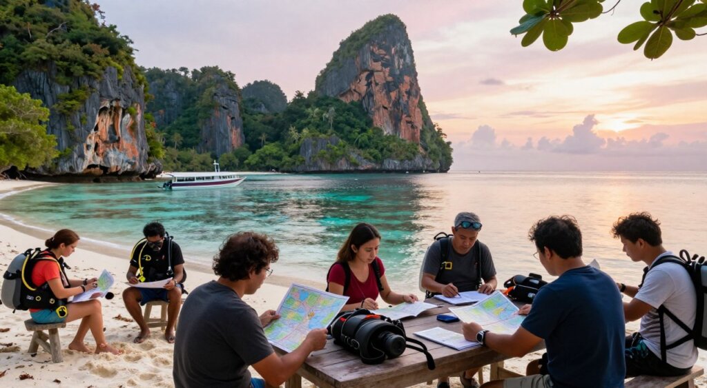 A scenic planning workshop for scuba diving holidays in Raja Ampat, set on a lush tropical beach at sunrise. In the foreground, a diverse group of travelers, dressed in modest casual clothing, review maps and dive gear on a wooden table. The middle ground features vibrant coral reefs visible through clear turquoise waters, with a small boat gently bobbing nearby. In the background, towering green cliffs and rocky outcrops provide a stunning backdrop against a pastel sky filled with soft, warm light. The mood is adventurous yet tranquil, capturing the anticipation of exploring the underwater wonders of Raja Ampat. The image should resemble a high-quality photojournalistic style, akin to National Geographic, with natural lighting and a slight depth of field.