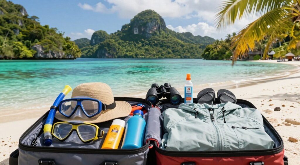 A scenic travel packing scene set against the stunning backdrop of Raja Ampat's crystal-clear waters and lush, tropical islands. The foreground features a neatly organized travel bag open with essential items for a trip—snorkeling gear, a wide-brimmed hat, sunscreen, a reusable water bottle, and a lightweight rain jacket. In the middle, a beautifully arranged layout includes binoculars, a camera, insect repellent, and beach sandals. The background showcases vibrant green hills and turquoise waters, capturing the essence of Raja Ampat’s natural beauty. Soft, natural sunlight filters through palm trees, creating a warm, inviting atmosphere. The composition should feel fresh and adventurous, highlighting the excitement of preparing for an unforgettable journey, with a focus on clarity and detail that reflects professional photojournalism quality.