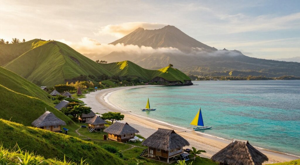 A scenic view capturing the essence of Lombok and Gili Islands, featuring lush green hills in the foreground dotted with traditional Indonesian huts. In the middle ground, a serene beach stretches along the coastline with crystal-clear turquoise waters gently lapping at the shore. A few local boats, with vibrant sails, are anchored near the sandy beach, adding color to the scene. In the background, the majestic Mount Rinjani looms, partially covered in mist under a soft golden sunrise. The lighting is warm and inviting, showcasing the natural beauty and tranquil atmosphere of these islands. The image conveys a sense of adventure and relaxation, ideal for inspiring travel to Lombok and Gili Islands. A scenic view capturing the essence of Lombok and Gili Islands, featuring lush green hills in the foreground dotted with traditional Indonesian huts. In the middle ground, a serene beach stretches along the coastline with crystal-clear turquoise waters gently lapping at the shore. A few local boats, with vibrant sails, are anchored near the sandy beach, adding color to the scene. In the background, the majestic Mount Rinjani looms, partially covered in mist under a soft golden sunrise. The lighting is warm and inviting, showcasing the natural beauty and tranquil atmosphere of these islands. The image conveys a sense of adventure and relaxation, ideal for inspiring travel to Lombok and Gili Islands.