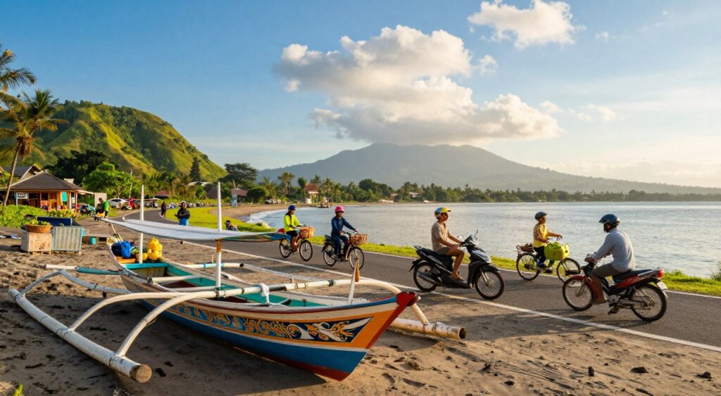 A scenic view of Amed, Bali, showcasing various modes of transportation. In the foreground, a colorful traditional Balinese fishing boat rests on the serene beach, with its wooden hull and intricate designs visible. In the middle ground, a winding path features bicycles and scooters parked, emphasizing eco-friendly travel options. Local vendors offer fresh fruits and snacks along the roadside. In the background, lush green hills rise under a bright blue sky, with distant shadowy outlines of mountains. Soft golden sunlight filters through scattered clouds, creating a warm, inviting atmosphere. The photo captures a tranquil yet vibrant essence of local life, focusing on transportation methods, all styled in a realistic, professional photojournalism manner.