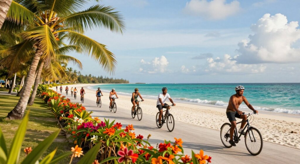A scenic view of Gili Trawangan's stunning beach, showcasing a vibrant cycling path lined with lush palm trees and colorful tropical flowers in the foreground. In the middle ground, cyclists of various ethnicities enjoy their ride along the well-maintained path, wearing modest casual clothing and helmets for safety. The sparkling turquoise waters of the ocean serve as a backdrop, with gentle waves lapping at the pristine white sandy shore. In the background, a clear blue sky dotted with fluffy white clouds creates a tranquil atmosphere. Capture this scene in soft, golden sunlight, emphasizing the warm, inviting feel of a tropical paradise, with a slight depth of field to highlight the cyclists while softly blurring the distant landscape. A scenic view of Gili Trawangan's stunning beach, showcasing a vibrant cycling path lined with lush palm trees and colorful tropical flowers in the foreground. In the middle ground, cyclists of various ethnicities enjoy their ride along the well-maintained path, wearing modest casual clothing and helmets for safety. The sparkling turquoise waters of the ocean serve as a backdrop, with gentle waves lapping at the pristine white sandy shore. In the background, a clear blue sky dotted with fluffy white clouds creates a tranquil atmosphere. Capture this scene in soft, golden sunlight, emphasizing the warm, inviting feel of a tropical paradise, with a slight depth of field to highlight the cyclists while softly blurring the distant landscape.