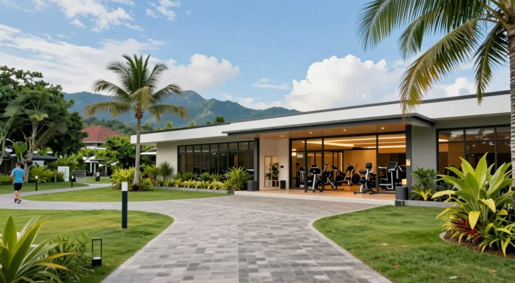 A scenic view of Lombok Gym's location, showcasing the exterior architecture of the gym as a modern, welcoming building nestled amidst lush greenery. In the foreground, include well-defined pathways leading to the entrance, suggesting accessibility. In the middle ground, feature a clear and inviting entrance with large glass doors and ambient lighting that creates a warm atmosphere. The background should display the beautiful landscape of Lombok, with palm trees and distant mountains under a bright, blue sky, capturing a sunny day. Utilize a wide-angle lens to emphasize the expansive feel of the area while maintaining a natural look. The image should convey a sense of community engagement and fitness, inviting viewers to consider the gym as an accessible and integral part of the Lombok experience.