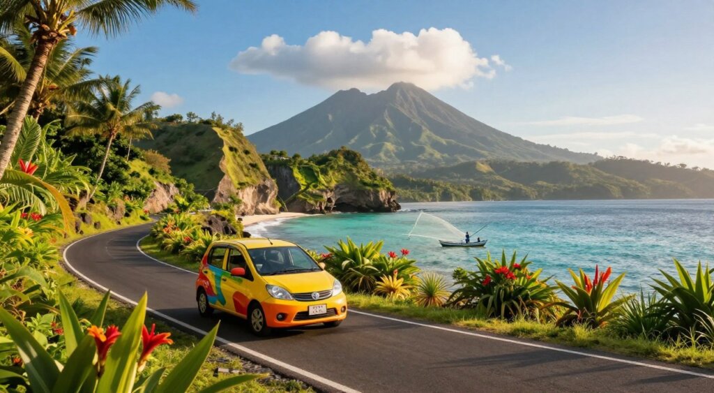 A scenic view of Lombok, Indonesia, showcasing a vibrant rental car parked along a winding coastal road. In the foreground, the cheerful rental car, painted in bright colors, is framed by lush green tropical foliage and exotic flowers. In the middle ground, a panoramic vista reveals stunning cliffs overlooking turquoise waters, with local fishermen in small boats casting their nets. The background features the dramatic silhouette of Mount Rinjani against a clear blue sky with fluffy white clouds, capturing the island's natural beauty. The scene is illuminated by warm, golden sunlight, creating a serene, adventurous atmosphere. The composition uses a wide-angle lens to enhance depth, inviting the viewer to explore Lombok's breathtaking landscapes.