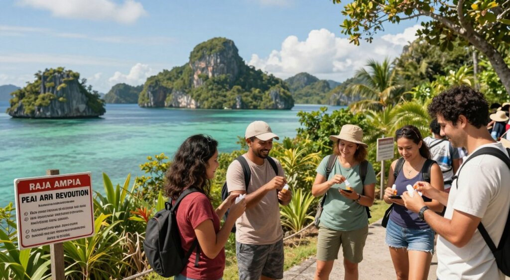 A scenic view of Raja Ampat, Indonesia, with a focus on malaria prevention strategies for tourists. In the foreground, a diverse group of tourists in modest casual clothing are applying insect repellent and checking their protective gear, smiling and engaging in conversation. The middle ground showcases lush green tropical vegetation, with warning signs about malaria prevention placed strategically along the walking path. The background depicts the stunning turquoise waters and limestone islands characteristic of Raja Ampat, under a clear blue sky. The scene is illuminated with warm, natural sunlight, creating a vibrant and inviting atmosphere. Capture this image with a shallow depth of field, emphasizing the tourists while gently blurring the breathtaking landscape behind them, evoking a sense of adventure and safety. A scenic view of Raja Ampat, Indonesia, with a focus on malaria prevention strategies for tourists. In the foreground, a diverse group of tourists in modest casual clothing are applying insect repellent and checking their protective gear, smiling and engaging in conversation. The middle ground showcases lush green tropical vegetation, with warning signs about malaria prevention placed strategically along the walking path. The background depicts the stunning turquoise waters and limestone islands characteristic of Raja Ampat, under a clear blue sky. The scene is illuminated with warm, natural sunlight, creating a vibrant and inviting atmosphere. Capture this image with a shallow depth of field, emphasizing the tourists while gently blurring the breathtaking landscape behind them, evoking a sense of adventure and safety.