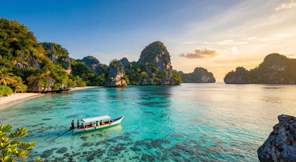 A scenic view of Raja Ampat during the dry season, showcasing vibrant turquoise waters and lush green islands under a clear blue sky. In the foreground, a small boat with travelers in modest casual clothing, exploring the pristine shoreline with coral reefs visible through the transparent water. The middle ground features several dramatic limestone cliffs jutting out over the ocean, while the background reveals a breathtaking sunset, casting warm golden hues across the landscape. The image should capture the tranquil yet vibrant atmosphere of this tropical paradise, with soft lighting enhancing the natural colors. The angle should be slightly elevated, providing a panoramic view that emphasizes the beauty and scale of the region, in a style reminiscent of high-quality National Geographic photography. A scenic view of Raja Ampat during the dry season, showcasing vibrant turquoise waters and lush green islands under a clear blue sky. In the foreground, a small boat with travelers in modest casual clothing, exploring the pristine shoreline with coral reefs visible through the transparent water. The middle ground features several dramatic limestone cliffs jutting out over the ocean, while the background reveals a breathtaking sunset, casting warm golden hues across the landscape. The image should capture the tranquil yet vibrant atmosphere of this tropical paradise, with soft lighting enhancing the natural colors. The angle should be slightly elevated, providing a panoramic view that emphasizes the beauty and scale of the region, in a style reminiscent of high-quality National Geographic photography.