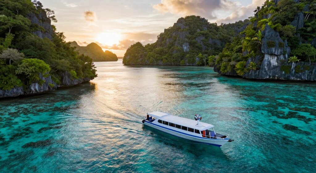 A scenic view of Raja Ampat's tropical islands, showcasing crystal-clear turquoise waters surrounded by lush green vegetation and limestone cliffs. In the foreground, a small, modern boat equipped with satellite and communication technology glides through the water, symbolizing connectivity. The middle ground features vibrant coral reefs visible beneath the surface, emphasizing the area’s rich marine life. In the background, the sun begins to set, casting a warm golden light over the landscape, creating a tranquil and inviting atmosphere. The angle should capture the interplay between land, water, and sky, evoking a sense of exploration and the importance of digital connectivity in remote destinations. The image should reflect a professional photojournalism style, suitable for a feature article on modern connectivity in Raja Ampat. A scenic view of Raja Ampat's tropical islands, showcasing crystal-clear turquoise waters surrounded by lush green vegetation and limestone cliffs. In the foreground, a small, modern boat equipped with satellite and communication technology glides through the water, symbolizing connectivity. The middle ground features vibrant coral reefs visible beneath the surface, emphasizing the area’s rich marine life. In the background, the sun begins to set, casting a warm golden light over the landscape, creating a tranquil and inviting atmosphere. The angle should capture the interplay between land, water, and sky, evoking a sense of exploration and the importance of digital connectivity in remote destinations. The image should reflect a professional photojournalism style, suitable for a feature article on modern connectivity in Raja Ampat.