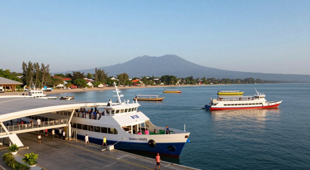 A scenic view of Sanur Port alternatives, featuring a modern ferry terminal with sleek architecture in the foreground, showcasing passengers boarding ferries. In the middle ground, highlight alternative transportation options such as traditional wooden boats and vibrant speedboats, creating a lively travel atmosphere. In the background, include the serene beauty of Bali’s coastline with lush greenery and distant mountains under a clear blue sky. The lighting is soft and warm, evoking a peaceful morning ambiance. A wide-angle perspective captures the dynamic energy of travel, inviting viewers to explore these alternatives. The image should be realistic and detailed, reflecting a professional photojournalism style, reminiscent of National Geographic quality.