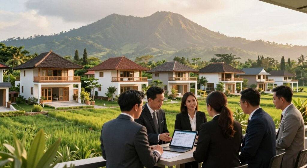A scenic view of a modern real estate office situated in Lombok, surrounded by lush green landscapes and traditional Balinese architecture. In the foreground, a diverse group of professional individuals in business attire are engaging in a discussion, examining property listings on a tablet. The middle ground features a display of beautiful villas under construction, showcasing a mix of contemporary and traditional designs. The background reveals the stunning Lombok mountains, bathed in warm golden sunlight, creating a tranquil atmosphere. The scene is illuminated with soft, natural lighting to enhance the professional, inviting mood. Capture the essence of real estate financing in Lombok with a focus on collaboration and opportunity, shot from a low angle to emphasize the importance of the discussion.