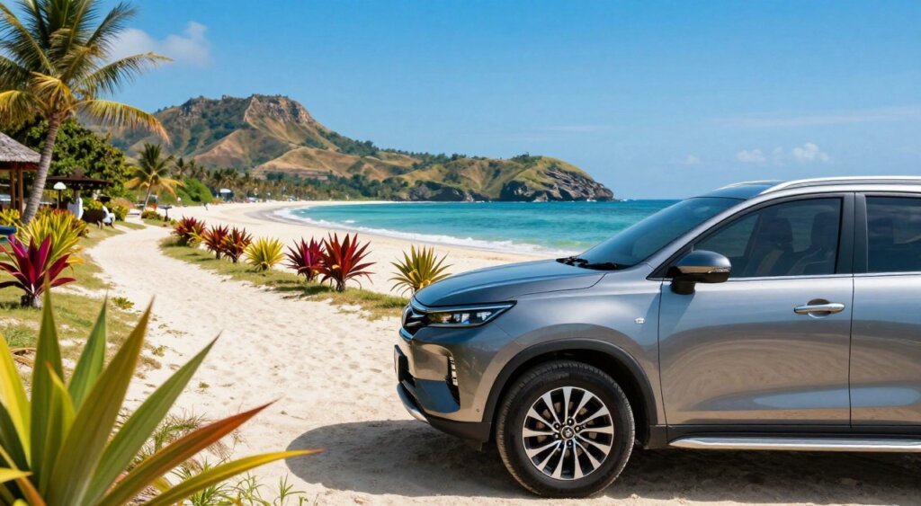 A scenic view of a self-drive car rental with a modern SUV parked near a picturesque beach in Lombok, Indonesia. In the foreground, the gleaming SUV showcases its sleek design, with sunlight reflecting off its polished surface. In the middle ground, a well-maintained sandy path leads to the beach, dotted with vibrant tropical plants. The background features clear blue skies and rolling hills, characteristic of Lombok’s natural beauty. The lighting is bright and inviting, suggesting a sunny day perfect for exploration. Capture a sense of adventure and relaxation, evoking a mood of freedom and discovery. Compose the image at a slight angle to emphasize the car in relation to the stunning landscape.