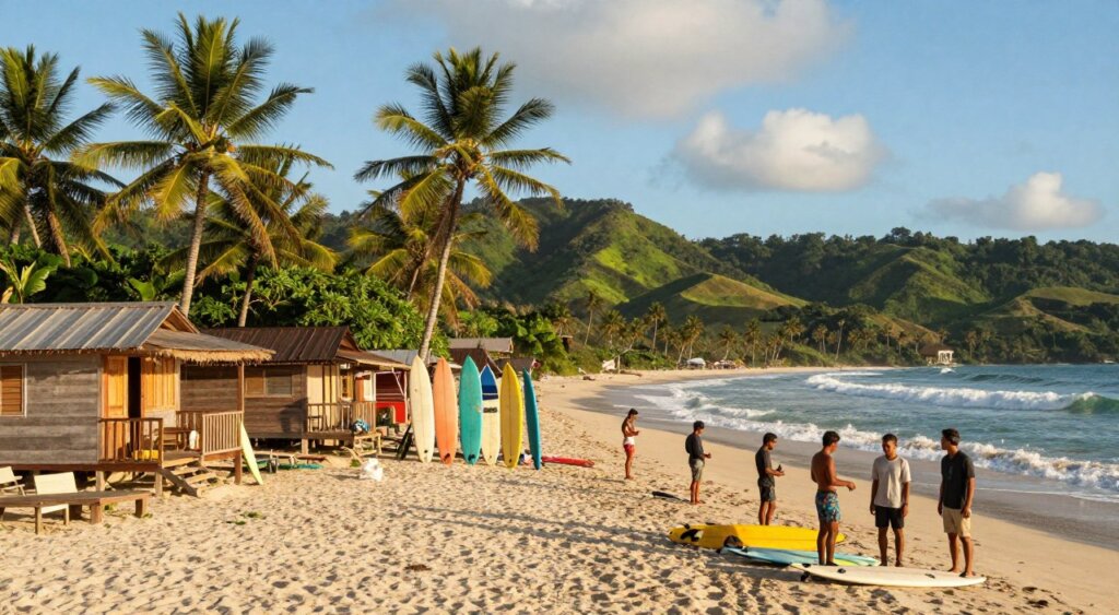 A scenic view of a surf retreat in Lombok, showcasing well-maintained wooden surfing shacks and palm trees swaying gently in the tropical breeze. In the foreground, a group of surfers, dressed in modest casual attire, are preparing their boards and discussing waves. The middle ground features vibrant surfboards lined up against the beach, with gentle waves rolling in. In the background, the lush, green hills of Lombok rise against a bright blue sky with scattered fluffy clouds, creating a sense of tranquility and adventure. The lighting is warm and inviting, reminiscent of golden hour, casting soft shadows that enhance the environment. Capture this moment from a slightly elevated angle to encompass the vastness of the landscape and the camaraderie of the surfers. The atmosphere feels relaxed, inviting, and full of potential for exploration.