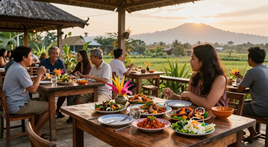 A scenic view of a traditional Lombok cuisine restaurant in Kuta, Indonesia, showcasing outdoor dining with wooden tables adorned with local dishes like spicy sambal, grilled seafood, and fresh vegetables. In the foreground, a beautifully set table with colorful plates and vibrant tropical flowers creates an inviting atmosphere. In the middle ground, diners, dressed in modest casual clothing, are enjoying their meals, laughing and sharing stories. The background reveals lush greenery and the faint outline of Lombok’s majestic hills under a golden sunset, casting warm, soft light over the scene. The overall mood is lively and welcoming, reflecting the rich culinary heritage of the region, captured in a realistic, photojournalism-style approach.