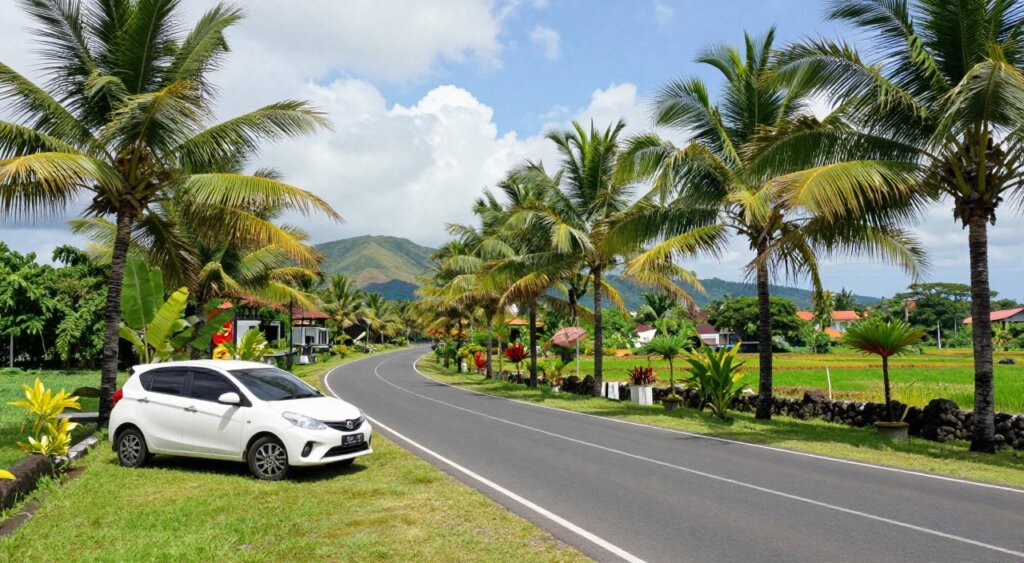A scenic view of a well-maintained road in Lombok, Indonesia, illustrating the island’s diverse roadway conditions. In the foreground, a reliable white car is parked neatly on the side of a lush green tropical road, with vibrant palm trees lining both sides. In the middle ground, a slightly winding paved road leads through a picturesque landscape, dotted with local flora and occasional stone walls. In the background, gently rolling hills under a bright blue sky with scattered clouds create a tranquil atmosphere. The image is captured in bright daylight with soft shadows, using a wide-angle lens to accentuate the environment, conveying a sense of safety and reliability for travelers considering car hire in Lombok.