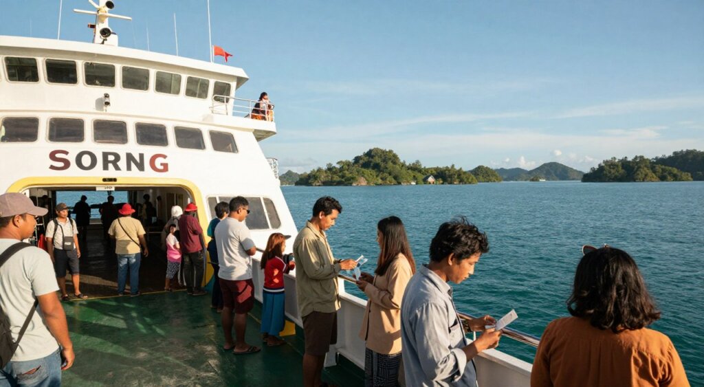A scenic view of an affordable ferry in Sorong, designed for transport to Raja Ampat. In the foreground, showcase the ferry, featuring a sturdy hull, bright colors, and a welcoming ambiance with passengers boarding. In the middle ground, capture local travelers, some in modest casual clothing, examining their tickets or chatting amiably while waiting. The background reveals the sparkling turquoise waters of the lagoon, dotting the landscape with lush green islands and distant hills, under a clear blue sky. The lighting is warm and inviting, suggesting a sunny day, with soft shadows to enhance depth. Utilize a slight panoramic angle to convey the expansiveness of the scenery, embodying a mood of adventure and affordability.
