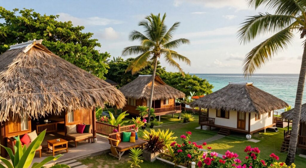 A scenic view of budget accommodation options on the Gili Islands, featuring charming bungalows and guesthouses with thatched roofs amidst lush tropical greenery. In the foreground, display a cozy, inviting outdoor patio with wooden furniture and colorful cushions, suggesting a relaxing atmosphere. In the middle ground, capture diverse lodging styles, including a traditional wooden hut and a modern hostel, surrounded by vibrant flowers and palm trees. The background features the tranquil turquoise waters of the ocean, glistening under soft, warm sunlight during golden hour, creating a serene and welcoming ambiance. Use a wide-angle lens to encompass the natural beauty and local architecture while maintaining a natural depth of field, enhancing the inviting essence of budget-friendly accommodations.
