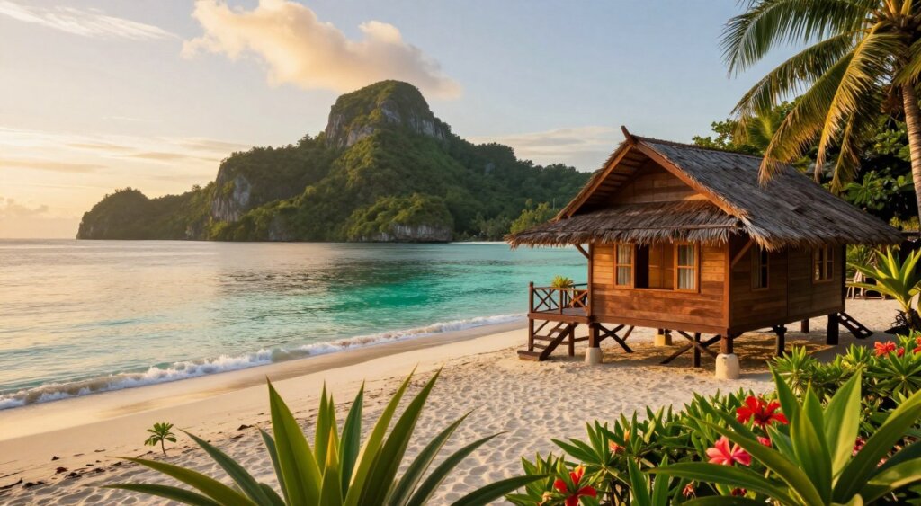 A scenic view of budget-friendly stays in Raja Ampat, showcasing a cozy, rustic wooden bungalow nestled on a pristine beach. In the foreground, vibrant greenery and tropical flowers frame the bungalow, adding color and life. In the middle ground, the gentle waves lap at the shore, reflecting the warm, golden light of a late afternoon sun. In the background, lush, untouched islands rise majestically from the crystal-clear turquoise waters. The atmosphere is serene and inviting, evoking a sense of adventure and tranquility. The photograph should capture the golden hour's soft light, with an emphasis on natural beauty, using a wide-angle lens to encompass the breathtaking landscape. There are no people in the image to maintain focus on the accommodation and surroundings.