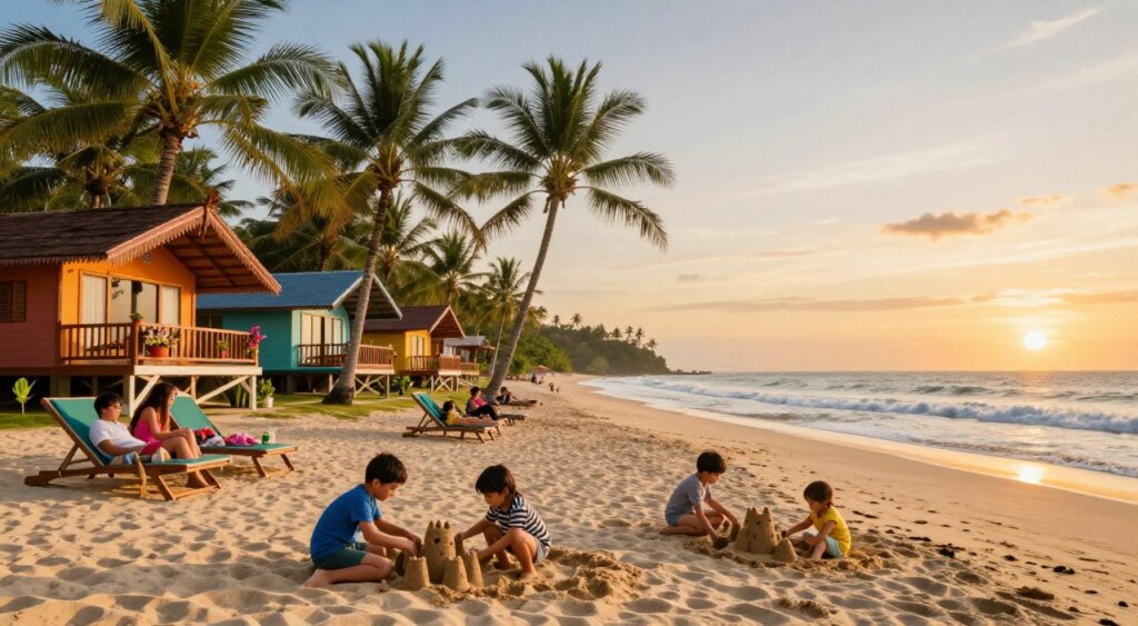 A scenic view of family-friendly seaside accommodations in Sanur, showcasing inviting beach bungalows nestled among lush palm trees. In the foreground, children play in the soft sand, building a sandcastle while parents relax on comfortable lounge chairs. The middle section features charming, colorful bungalows with spacious balconies adorned with potted flowers, overlooking the serene ocean waves. In the background, a picturesque sunset bathes the scene in warm golden light, casting long shadows and creating a relaxed, inviting atmosphere. Capture this photo with a wide-angle lens to emphasize the expansive beach and vibrant sky, conveying joy and tranquility, ideal for families seeking a perfect beach getaway. No text, captions, or explicit details included. A scenic view of family-friendly seaside accommodations in Sanur, showcasing inviting beach bungalows nestled among lush palm trees. In the foreground, children play in the soft sand, building a sandcastle while parents relax on comfortable lounge chairs. The middle section features charming, colorful bungalows with spacious balconies adorned with potted flowers, overlooking the serene ocean waves. In the background, a picturesque sunset bathes the scene in warm golden light, casting long shadows and creating a relaxed, inviting atmosphere. Capture this photo with a wide-angle lens to emphasize the expansive beach and vibrant sky, conveying joy and tranquility, ideal for families seeking a perfect beach getaway. No text, captions, or explicit details included.