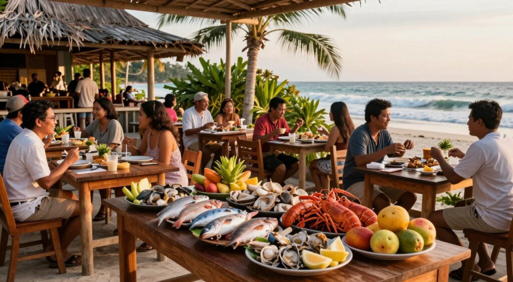 A scenic view of popular seafood dining restaurants in Kuta, Lombok, captured during golden hour, where warm sunlight bathes the scene. In the foreground, a beautifully arranged seafood platter on a wooden table, featuring fresh fish, lobster, and tropical fruits. In the middle ground, diverse groups of people enjoying their meals at various tables, dressed in modest casual attire, smiling and engaged in conversation, reflecting a vibrant dining atmosphere. In the background, rustic bamboo structures and lush tropical plants create a relaxed coastal vibe, with soft ocean waves gently crashing nearby. The image is bright and inviting, evoking a sense of community and the joy of dining in paradise. The shot should have a wide-angle perspective, bringing all elements into harmony, reminiscent of quality photojournalism, capturing the essence of Kuta, Lombok.