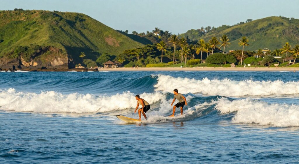 A scenic view of surfers riding waves in Lombok, Indonesia, during the best surfing season, showcasing vibrant blue waters under a clear sky. In the foreground, two surfers, dressed in modest surf attire, expertly maneuver on their boards, capturing the thrill of the sport. The middle ground features rolling waves with frothy white caps, emphasizing the energy of the ocean. In the background, lush green hills frame the coastline, with a few palm trees swaying gently in the breeze. The sunlight casts soft golden hues across the scene, suggesting either early morning or late afternoon, creating a warm and inviting atmosphere. The composition should evoke a sense of adventure and the beauty of nature, while maintaining a photojournalistic quality reminiscent of National Geographic. A scenic view of surfers riding waves in Lombok, Indonesia, during the best surfing season, showcasing vibrant blue waters under a clear sky. In the foreground, two surfers, dressed in modest surf attire, expertly maneuver on their boards, capturing the thrill of the sport. The middle ground features rolling waves with frothy white caps, emphasizing the energy of the ocean. In the background, lush green hills frame the coastline, with a few palm trees swaying gently in the breeze. The sunlight casts soft golden hues across the scene, suggesting either early morning or late afternoon, creating a warm and inviting atmosphere. The composition should evoke a sense of adventure and the beauty of nature, while maintaining a photojournalistic quality reminiscent of National Geographic.