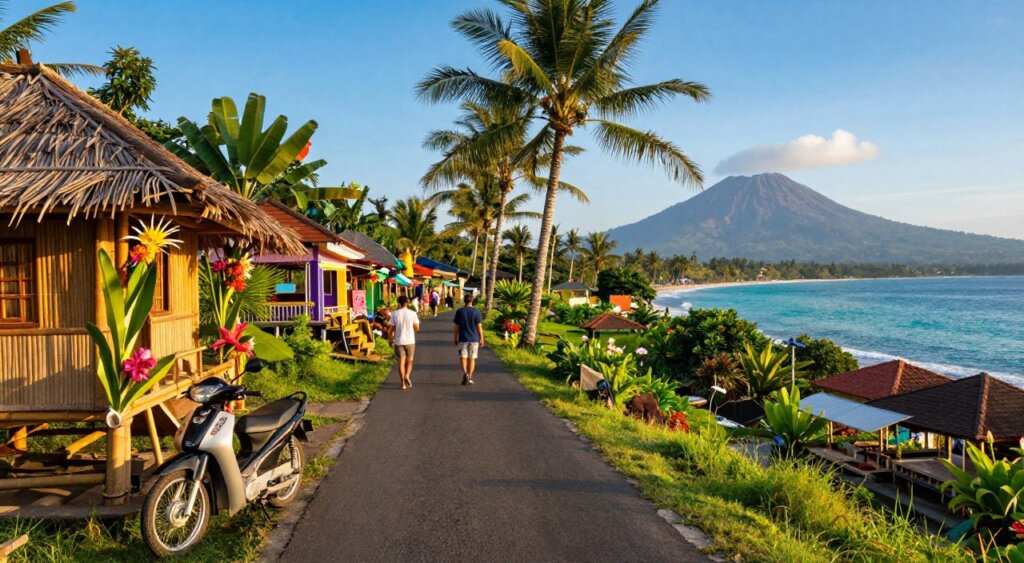 A scenic view of transportation options leading to Amed Village in Bali. In the foreground, a traditional Balinese motorbike parked beside a rustic bamboo hut adorned with tropical flowers. In the middle ground, a narrow winding road lined with lush greenery, palm trees, and colorful local shops. A few tourists in modest casual clothing are walking, enjoying the scenery. The background showcases the breathtaking coastal landscape with the clear turquoise sea and a distant view of Mount Agung under a bright blue sky. The lighting is warm and inviting, capturing the golden hour before sunset, emphasizing a sense of adventure and tranquility in this beautiful Balinese village. The image reflects photojournalism quality akin to National Geographic, with a focus on vibrant colors and natural beauty. A scenic view of transportation options leading to Amed Village in Bali. In the foreground, a traditional Balinese motorbike parked beside a rustic bamboo hut adorned with tropical flowers. In the middle ground, a narrow winding road lined with lush greenery, palm trees, and colorful local shops. A few tourists in modest casual clothing are walking, enjoying the scenery. The background showcases the breathtaking coastal landscape with the clear turquoise sea and a distant view of Mount Agung under a bright blue sky. The lighting is warm and inviting, capturing the golden hour before sunset, emphasizing a sense of adventure and tranquility in this beautiful Balinese village. The image reflects photojournalism quality akin to National Geographic, with a focus on vibrant colors and natural beauty.