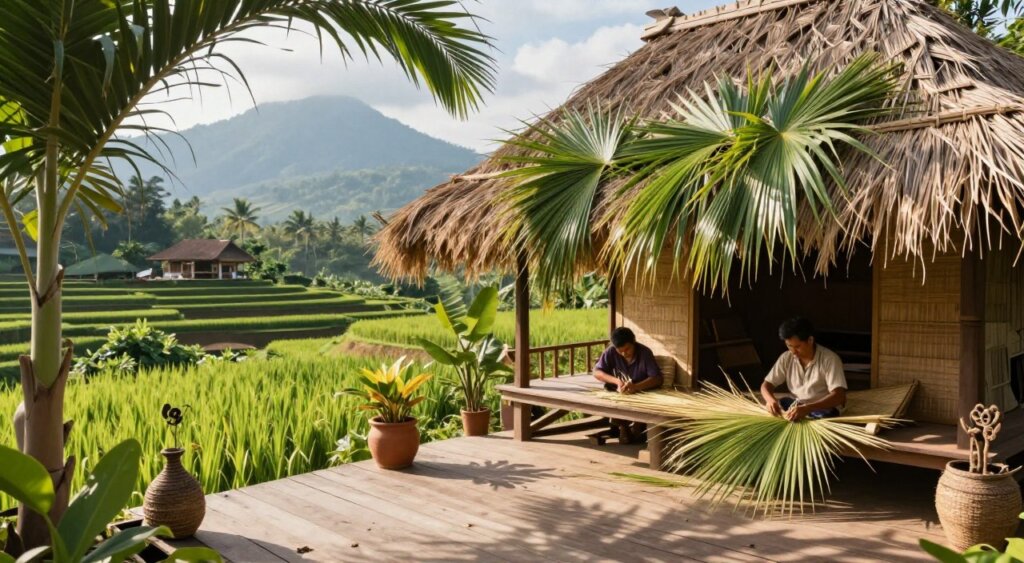 A serene Balinese landscape showcasing sustainable thatching materials, prominently displaying lush green palm fronds and natural grasses intricately crafted into a traditional roof structure. In the foreground, soft sunlight filters through the leaves, casting dappled shadows on a rustic wooden terrace adorned with eco-friendly decor. The middle ground features skilled artisans in modest, casual clothing, carefully weaving the thatching materials, demonstrating their craftsmanship and dedication to eco-friendly design. In the background, a majestic view of rice terraces and distant mountains evokes the harmonious relationship between architecture and nature. The overall mood is tranquil and inviting, emphasizing the beauty and importance of sustainable practices in Balinese culture. Capture this scene with warm, natural lighting, using a wide-angle lens to encompass the landscape's depth and vibrancy.